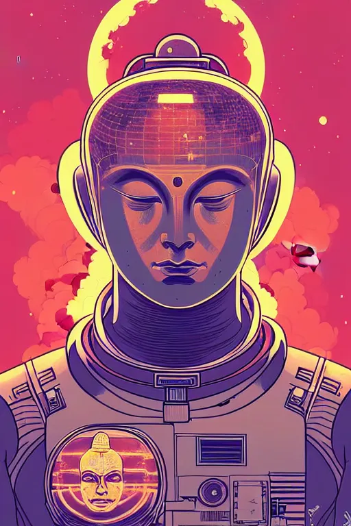 Prompt: protrait cyborg astronaut buddha meditating illustration, golden ratio, post grunge portrait, concept art by josan gonzalez, james jean, Mike Mignola, Laurie Greasley, highly detailed, sharp focus, alien, Artstation, deviantart, artgem