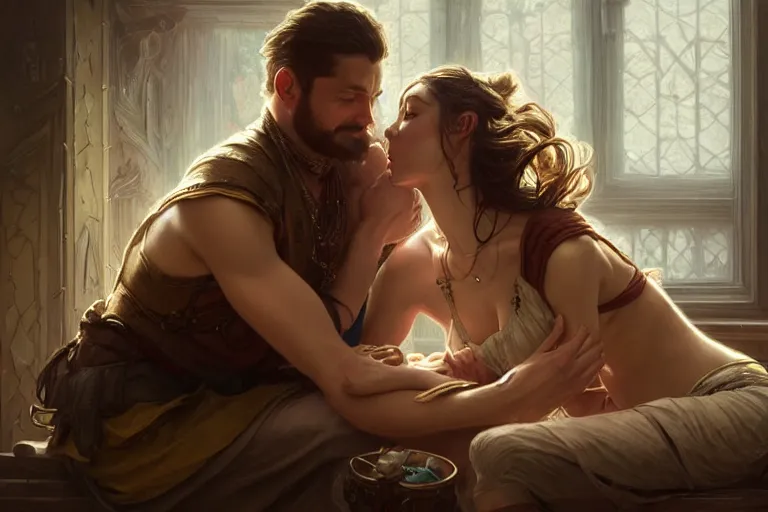 Image similar to close up of man and woman sitting on the floor while hugging each other in the living room, deep focus, d & d, fantasy, intricate, elegant, highly detailed, digital painting, artstation, concept art, matte, sharp focus, illustration, hearthstone, art by artgerm and greg rutkowski and alphonse mucha