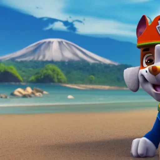 Prompt: chase from paw patrol is standing on the beach watching a giant volcano erruption behind him, movie poster, trending on artstation, intricate detail, very sharp, octane 8 k render, depth of field