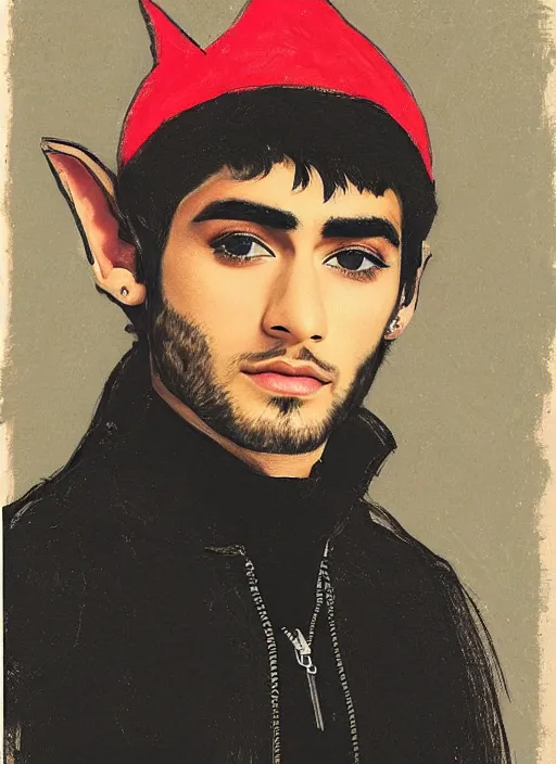 Image similar to portrait of zayn malik as an elf by turner, only one head single portrait, pointy ears, wearing a black leather collared jacket