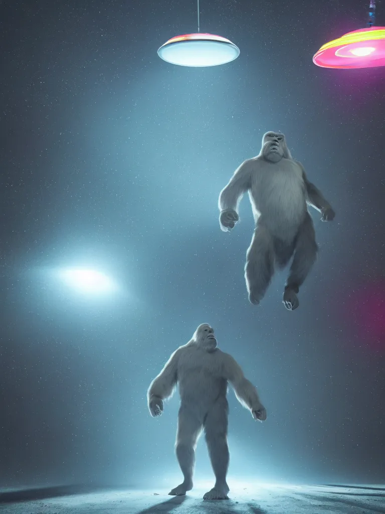 Prompt: its midnight and Bigfoot is engulfed in light while being abducted by a flying saucer with multi-colored lights, cinematic, hyper realism, high detail, bright lights, octane render, 8k