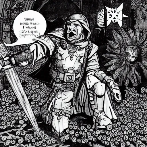 Prompt: A wounded paladin kneeling in a cathedral, the floor is covered in sunflowers. Dark Fantasy, Film Noir, Black and White. High Contrast, Mike Mignola, D&D, OSR