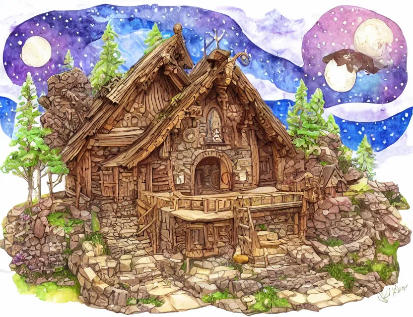 Image similar to cute and funny, a magicians cabin carved into a mountain, centered award winning watercolor pen illustration, isometric illustration by chihiro iwasaki, tiny details by artgerm and watercolor girl, sharply focused