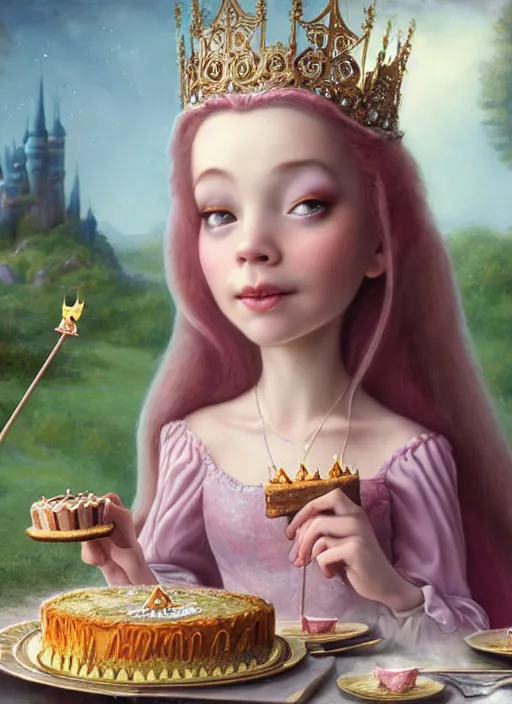 Image similar to highly detailed closeup portrait of a grinning fairytale medieval princess eating birthday cake, unreal engine, nicoletta ceccoli, mark ryden, lostfish, earl norem, global illumination, god rays, detailed and intricate environment