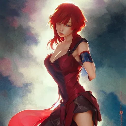 Image similar to a cool red - bun - haired anime girl. she is dressed as a superhero. clean elegant painting, beautiful detailed face. by artgerm and greg rutkowski and alphonse mucha