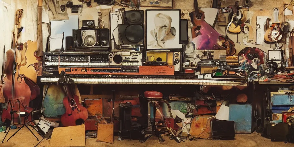 Image similar to a color photograph of a musician's basement studio with many things, workbench overloaded with broken instruments,, trending on artstation, hyperrealism