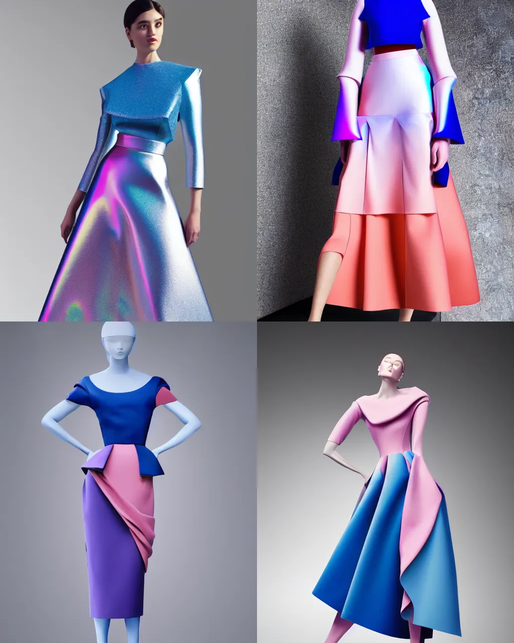 Prompt: designer figure collection ball shaped accordion sleeve haute couture, sailor uniform, midi skirt, coat, synthetic curves striking pose, dynamic folds, cute pockets, volume flutter, youthful, modeled by modern designer bust, body fit, award fashion, picton blue, petal pink gradient scheme, holographic tones, expert composition, professional retouch, editorial photography