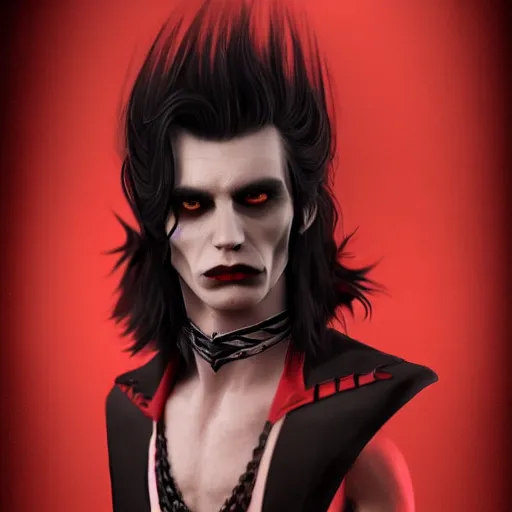 Prompt: a vampire, male, mid - 4 0 s aged, long, slicked black hair, clean shaven, in red and black, regal, high fantasy, realistic, highly detailed, full body shot, concept art, 8 k.