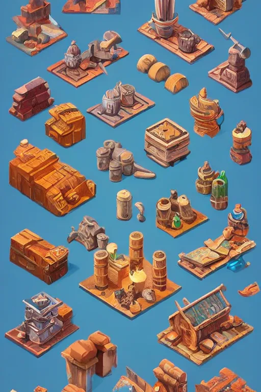 Prompt: different isometric props by the artist Alexey Druzhkov Rendering six different isometric game assets on items, magic, buildings, full of details, by pinterest and Alexey Druzhkov , art book, trending on artstation