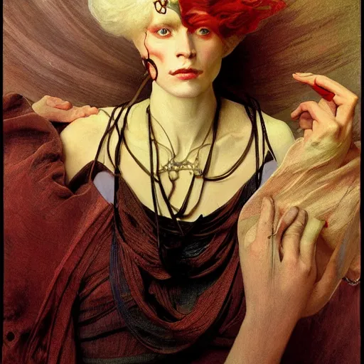 Prompt: closeup painting of uncannily beautiful androgynous albino wearing rococo byzantine clothes and face paint, science fiction by j. c. leyendecker, bosch, alphonse mucha, greg rutkowski, and beksinski