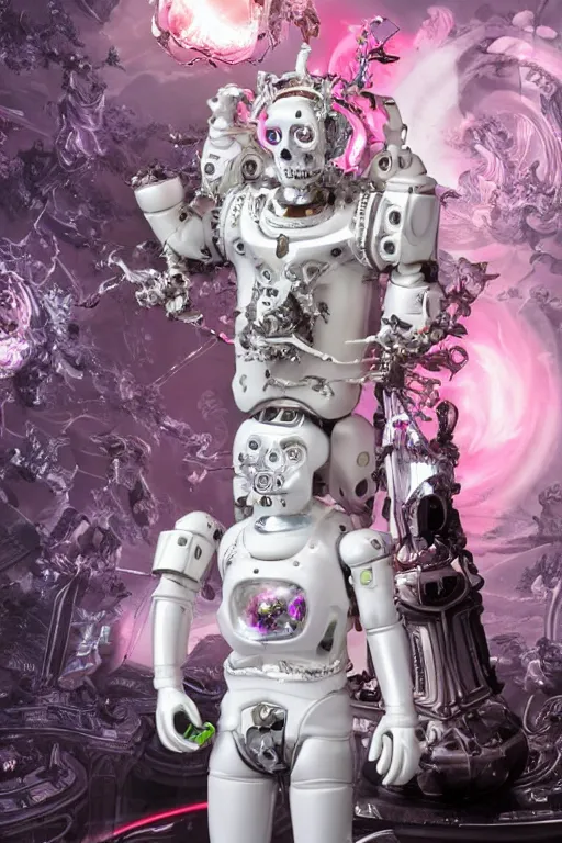 Prompt: full-body rococo and cyberpunk style porcelain and chrome statue of Marcelo Mastro android dotado sim camisa con un novinho gostoso e falling from the sky, glowing white laser eyes, prince crown of pink gears, diamonds, swirling silver-colored silk fabric. futuristic elements. full-length view. space robots. human skulls. intricate artwork by caravaggio. Trending on artstation, octane render, cinematic lighting from the right, hyper realism, octane render, 8k, depth of field, 3D