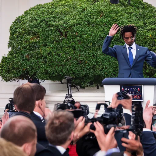 Prompt: professional photograph of Playboi Carti making an inauguration speech at the white house, 8k, cinematic, dslr,