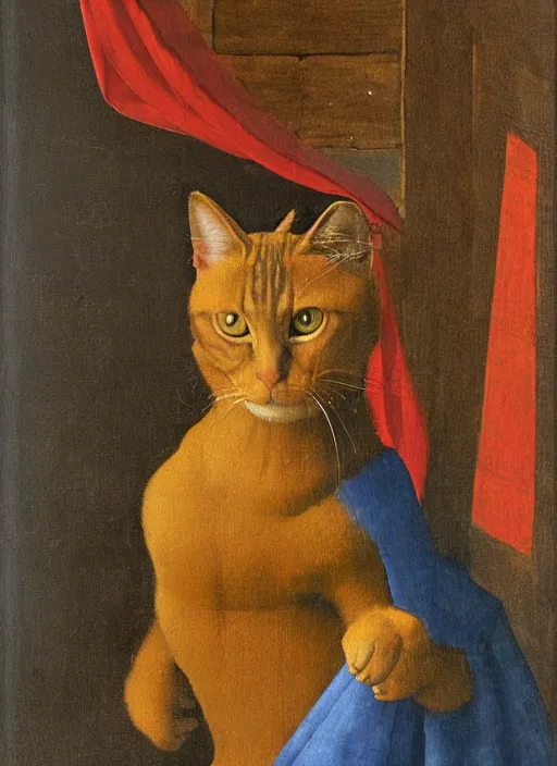 Prompt: red devil cat, Medieval painting by Jan van Eyck, Johannes Vermeer, Florence