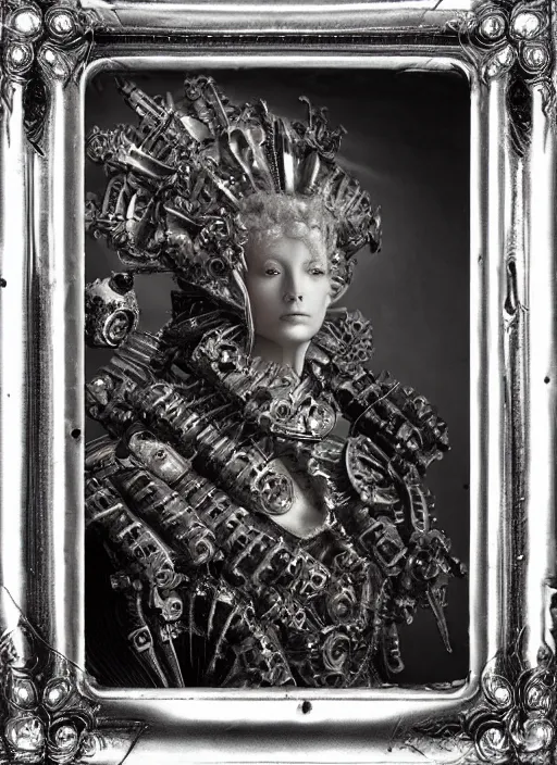 Image similar to old wetplate daguerreotype frame portrait of a futuristic silver armored marie antoinette emperor district 9 cyborg, fractal, intricate, elegant, highly detailed, subsurface scattering, by jheronimus bosch and greg rutkowski and louis jacques mande daguerre