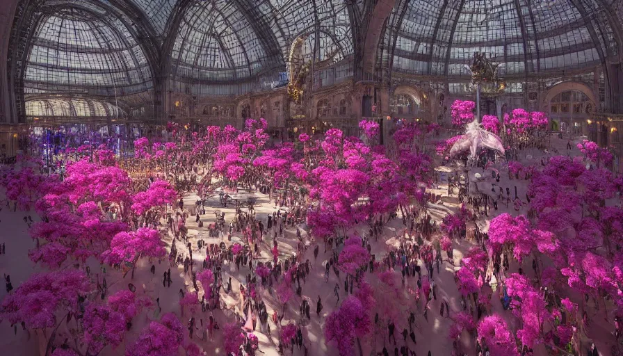 Prompt: victoria secret parade in the galeries nationales du grand palais in paris, light, shadows, reflections, flowers, epic composition, intricate, elegant, volumetric lighting, 4 k resolution, octane render, unreal engine, ultradetailed, photorealistic, ultrarealism, trending on artstation