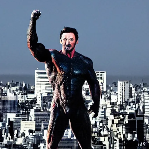 Image similar to giant hugh jackman rampaging through tokyo like godzilla, towering above the skyline