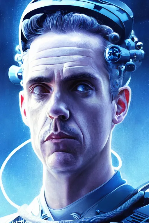 Prompt: portrait of Jordan Peterson as a futuristic airforce, inside future fighter, sci-fi, fantasy, intricate, very very alpha and sigma, elegant, human anatomy, royal blue light, highly detailed, digital painting, artstation, concept art, smooth, sharp focus, illustration, art by tian zi and WLOP and alphonse mucha