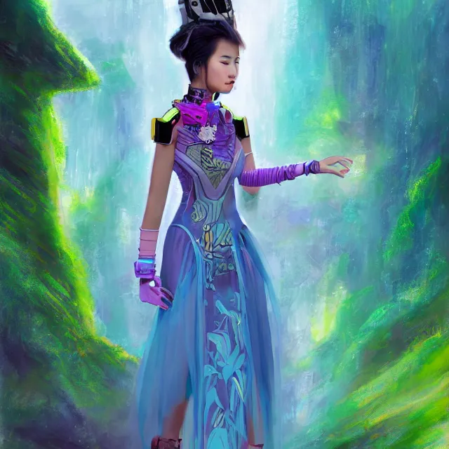 Image similar to southeast asian scifi princess of the cloud forest, wearing a lovely dress with cyberpunk details. this oil painting by the beloved children's book author has an interesting color scheme and impeccable lighting.