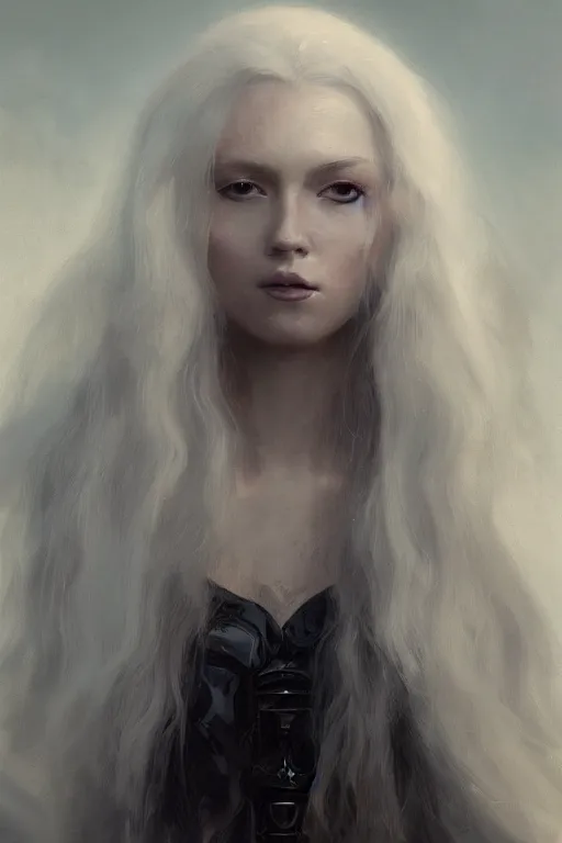 Image similar to a fancy portrait of a beautiful young strong women with long white hair by greg rutkowski, sung choi, mitchell mohrhauser, maciej kuciara, johnson ting, maxim verehin, peter konig, bloodborne, 8 k photorealistic, cinematic lighting, hd, high details, dramatic, dark atmosphere, trending on artstation