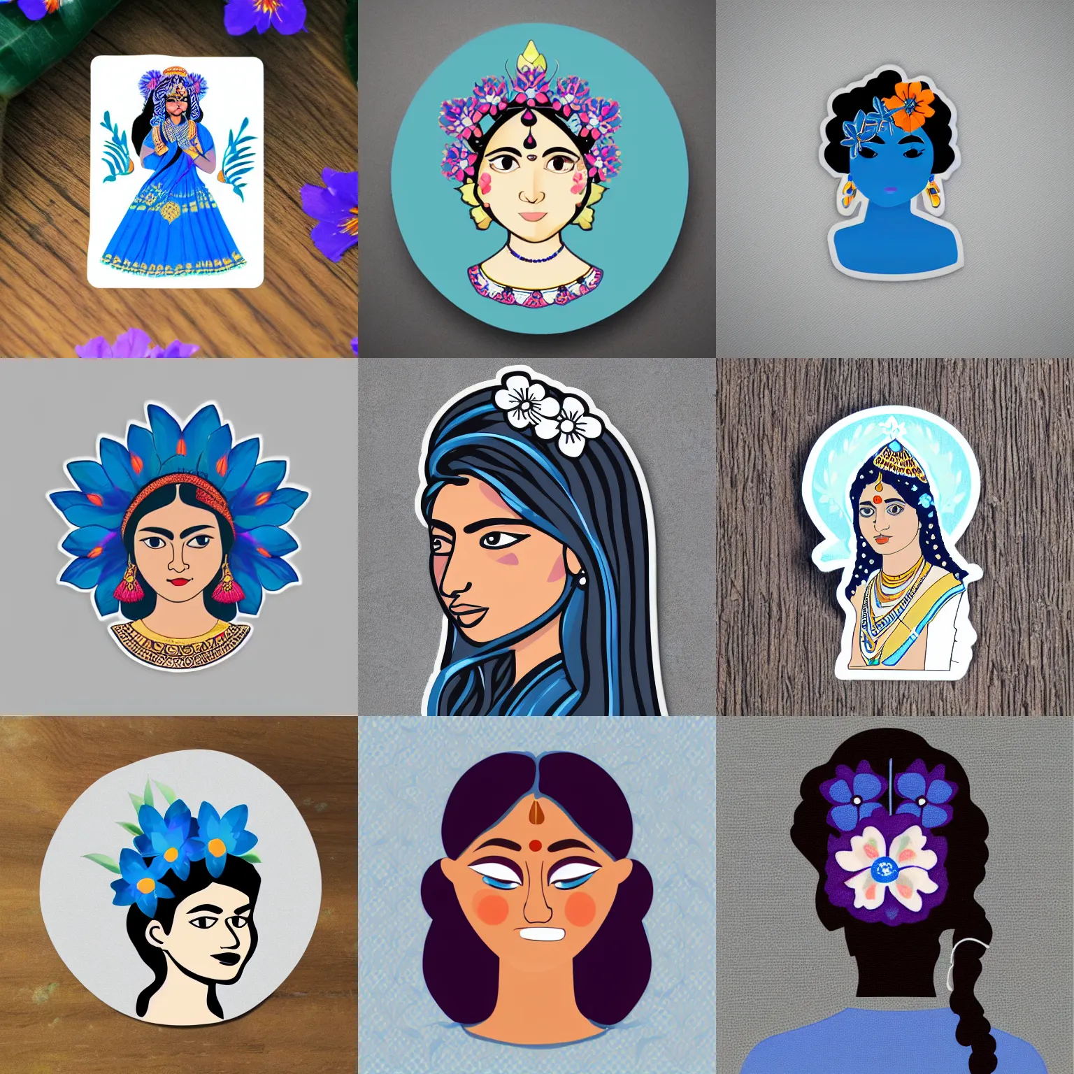 Prompt: catroon sticker of indian woman with blue flower in her hair with white border on gray background