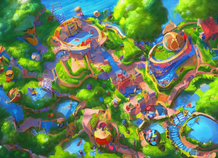 Image similar to level design for candy kids game, zoo park, top angle, oil painting by jama jurabaev, extremely detailed, brush hard, artstation, for aaa game, high quality, brush stroke