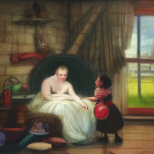 Image similar to colored pencil, detailed, cirque du soleil washed - out by edwin henry landseer. a beautiful drawing harmony of colors, simple but powerful composition. a scene of peaceful domesticity, with a mother & child in the center, surrounded by a few simple objects. colors are muted & calming, serenity & calm.