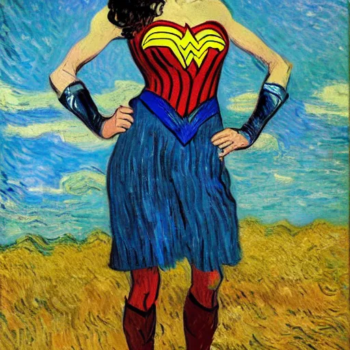 Prompt: Portrait painting of modern Vincent Van Gogh but in a Wonder Woman costume cosplaying as Gal Godot Wonder Woman Superhero by Claude Monet, original Post Impressionist art