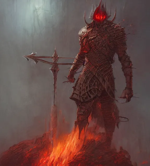 Image similar to fire swordman in hellish armor concept, beksinski, age of sigma art, frank franzetta, ruan jia, dark soul armor concept, trending on artstation, wayne barlowe, adrian smith fantasy art, elden ring art, the hobbit art, lord of the ring art, infinity blade armor