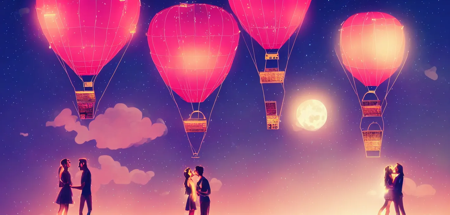 Image similar to a couple kissing on the background air balloon in the middle neon lights | | sunny night, full moon, dreamlike art, realistic shaded, smile, good looking, hyper details, 4 k realistic, cryengine, realistic shaded lighting poster by artgerm, ross tran, fuji choko, 8 k resolution, trending on artstation, luxury