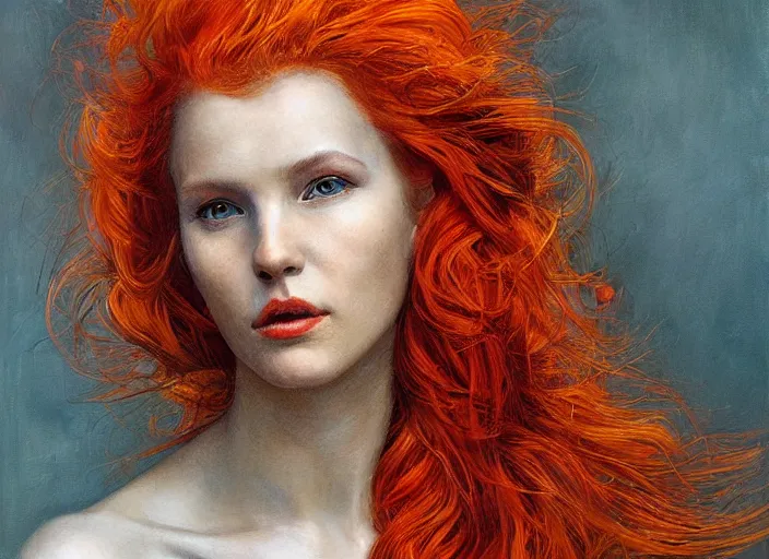 Image similar to a highly detailed beautiful portrait of woman with flaming fiery hair, james gurney, james jean