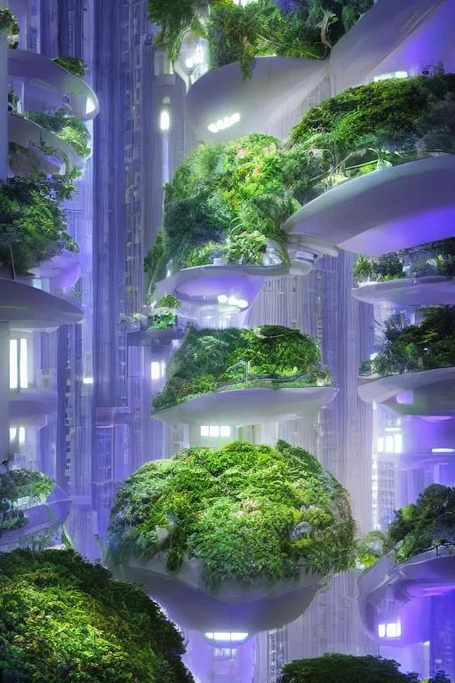 Image similar to extremely detailed awe stunning beautiful futuristic smooth organic apartment building at night, translucent orbs, hyper real, greenery, 8k, colorful, 3D cinematic volumetric light, atmospheric light, studio ghibli inspired, fantasy LUT, high contrast, epic composition, sci-fi, dreamlike, surreal, angelic,