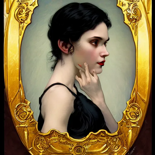 Prompt: portrait of a beautiful vampire by Stanley Artgerm Lau , greg rutkowski, thomas kindkade, alphonse mucha, loish, norman rockwell, J. C. Leyendecker. dark black hair, pale skin, detailed eyes, red lips, facing the camera. Trending on artstation rule of thirds detailed illustration hd 4k