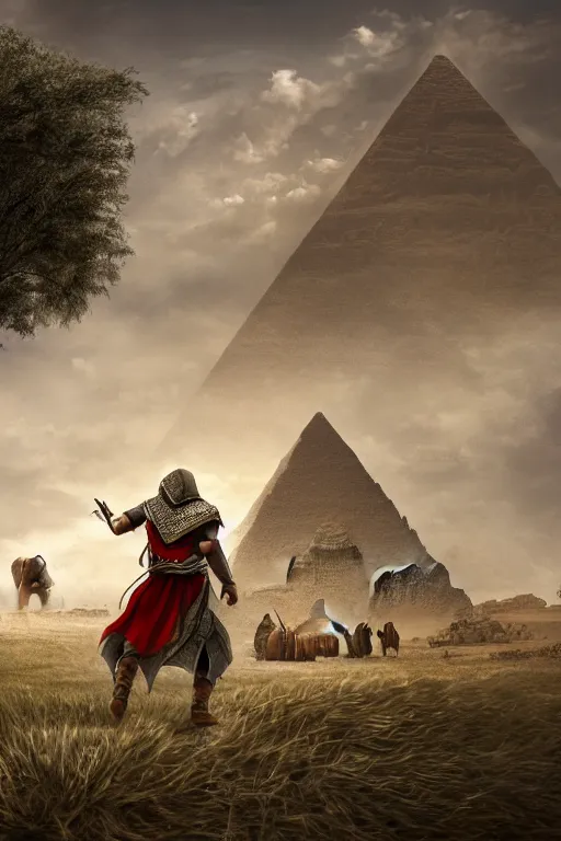 Image similar to ezio audotire falling on top of a cart filled with haystack, background has pyramids and dromedaries walking by, digital art, trending on artstation, 4 k