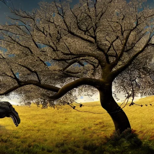 Prompt: T-Rex trying to reach Cherry tree over electric fence, cinematic, high resolution