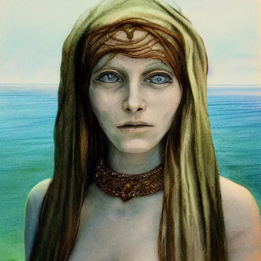 Prompt: realistic, priestess, skin tinted a very pale tone, detailed facial features, folk horror, ocean in the background