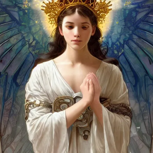 Image similar to Sitting angel girl from TLOU that holding crown in hands, highly detailed, digital painting, artstation, concept art, smooth, sharp focus, illustration, ArtStation, art by artgerm and greg rutkowski and alphonse mucha and J. C. Leyendecker and Edmund Blair Leighton and Katsuhiro Otomo and Geof Darrow and Phil hale and Ashley wood and Ilya repin and Charlie Bowate