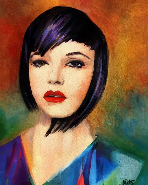 Image similar to full length portrait of 2 0 year old mary louise brooks dancing, shiny bob haircut, dramatic light, abstract art deco city background, air brush art, high contrast, sharp,, painted by ross tran 1 9 2 0 s