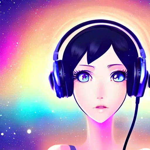 Prompt: girl with black hair and blue eyes wearing headphones, galaxy background, anime, digital art, ultra detailed, 4K