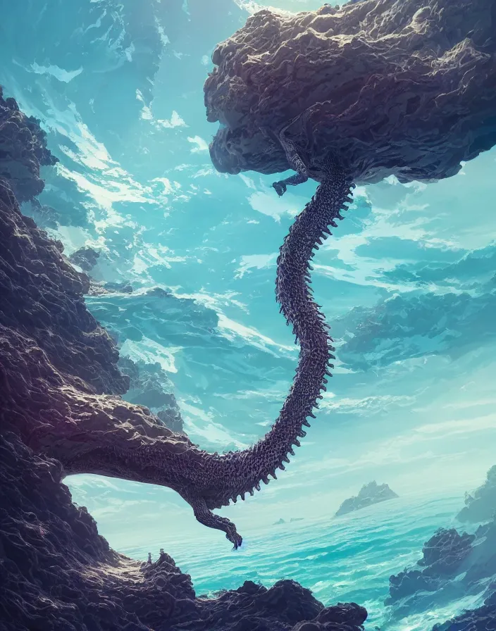 Prompt: long dragon wrapped around a land formation overseeing a vast ocean, intricate abstract. delicate artwork. by Tooth Wu, wlop, beeple, dan mumford. octane render, trending on artstation, greg rutkowski very coherent symmetrical artwork. cinematic, hyper realism, high detail, octane render, 8k, depth of field, bokeh. chrome accents.