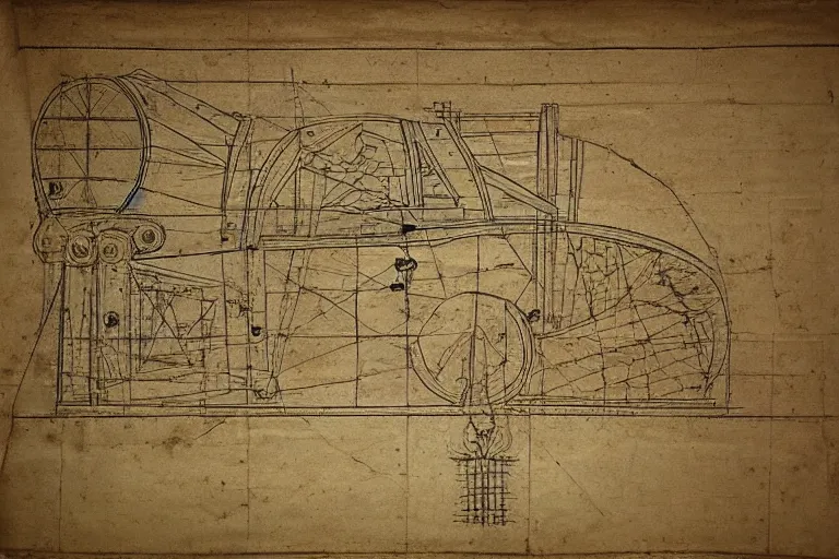 Image similar to ancient technical schematics on parchment by leonardo da vinci of an automobile