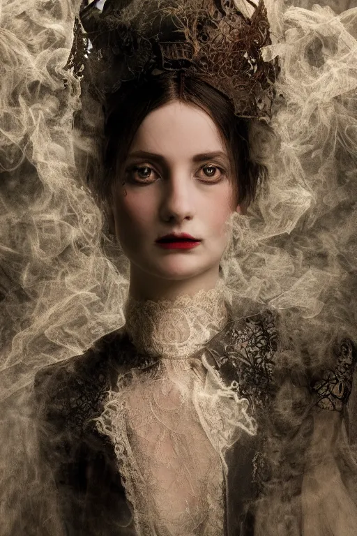 Prompt: 3 5 mm colour, italian looking emma, evil princess, victorian house, long brown hair, hyperrealism, octane render, weird, odd, strange, creepy, extremely detailed, intricate smoke magic, lace, silk, style of david cronenberg, hyung tae, frank frazetta