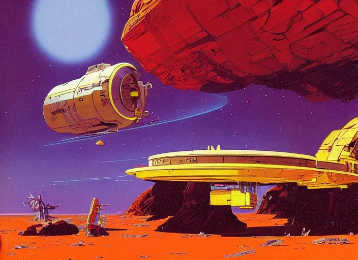 Prompt: a brightly - coloured spacecraft in a stunning landscape by martin deschambault, dean ellis, peter elson, josan gonzalez, david a hardy, john harris, wadim kashin, angus mckie, moebius, bruce pennington, vintage 1 9 7 0 s sci - fi art