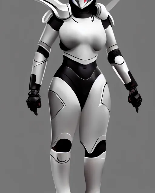 Image similar to concept art of a thicc female futurstic warrior, wearing a futuristic white helmet, futurstic black body smooth slim fitted armor, sleek design, aerodynamic design, holding a large futurstic robotic bow, full body image | | epic - fine - clean, polished, trending on artstation, brush strokes