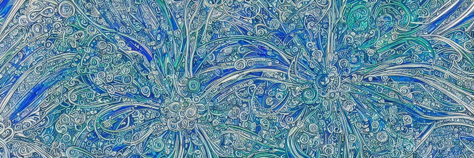 Image similar to shades of blue and green forming art nouveau explosions, white lining, vivid colors, intricate, ornate, circuitry, gears, sparkle, extremely hyperdetailed line art, sharp focus