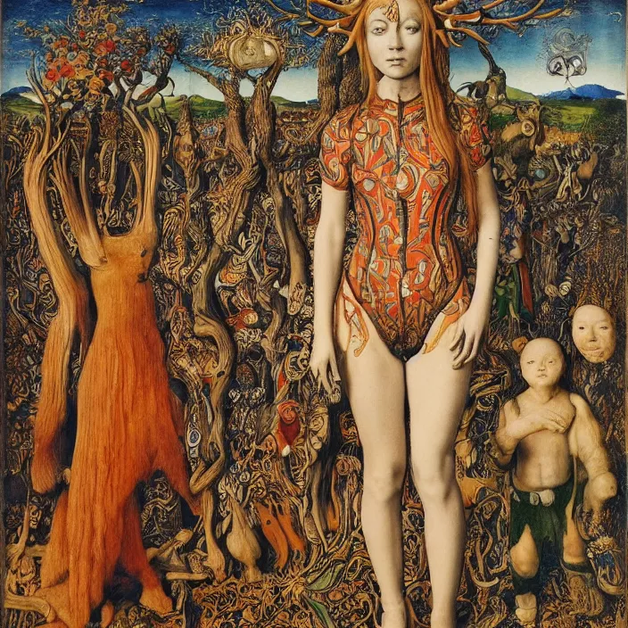 Prompt: a wide landscape with a tattood priestess with animal stripes and antlers transforming into a tree while the stars shine above like flower by jan van eyck, ernst fuchs, nicholas kalmakoff, joep hommerson, character, full body, catsuit, max ernst, hans holbein, lace