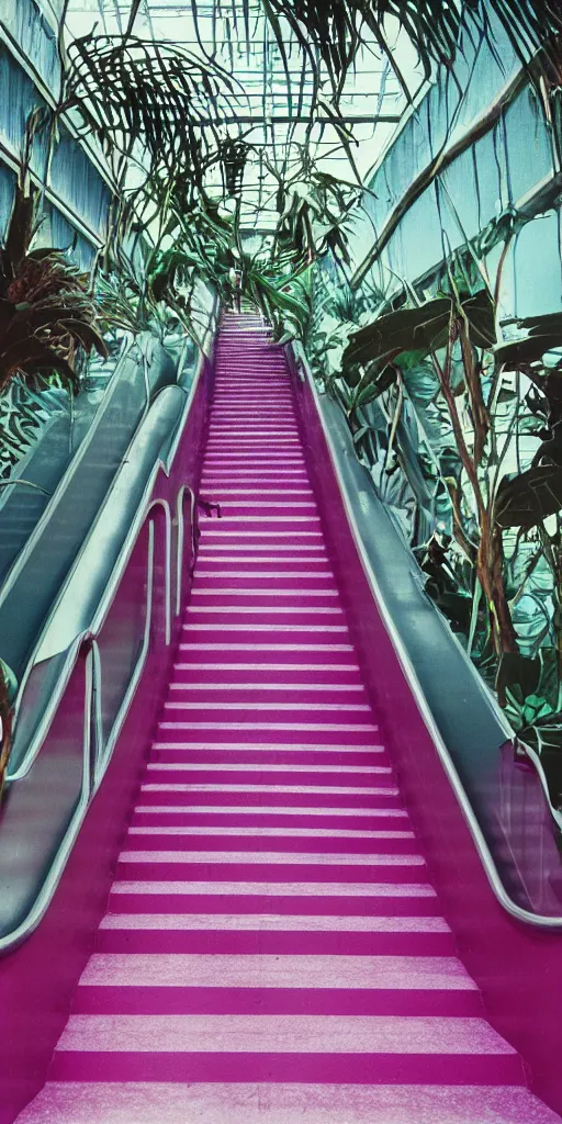 Prompt: 1980s color magazine photo of an escalator in an abandoned mall with pink walls, with interior potted palm trees, decaying dappled sunlight, cool purple lighting