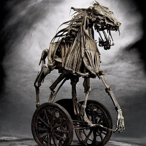 Prompt: The mixed mediart features a human figure driving a chariot. The figure is skeletal and frail, with a large head and eyes. The chariot is pulled by two animals, which are also skeletal and frail. slow shutter speed by Alex Ross rich