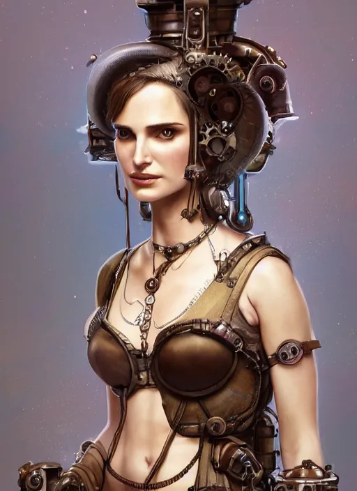 Image similar to steampunk clockpunk portrait of natalie portman, au naturel, hyper detailed, digital art, trending in artstation, cinematic lighting, studio quality, smooth render, unreal engine 5 rendered, octane rendered, art style by klimt and nixeu and ian sprigger and wlop and krenz cushart.