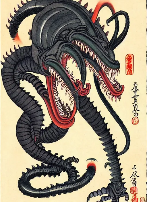 Image similar to the xenomorph as a yokai illustrated by kawanabe kyosai and toriyama sekien