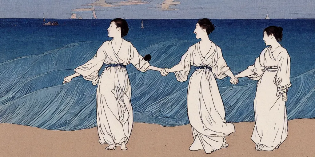 Image similar to two young edwardian women wearing white dresses hold hands on a beach in Sweden, in the style of Anders Zorn, waves in the style of the great wave off kanagawa by Hokusai